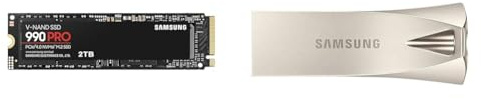 Samsung 990 PRO NVMe M.2 SSD, 2 TB, PCIe 4.0, 7.450 MB/s Lesen & BAR Plus USB-Stick Typ-A, 64 GB, 200 MB/s Lesen, 30 MB/s Schreiben