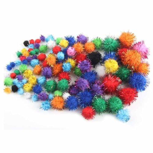 SHTGOI 50pcs Pompons zum Basteln Mini 3.5CM Glitzernde Bälle Flauschige Bommeln mit Bling Pailletten/Lametta Interaktives Katzenbälle Pompons Bälle Deko für Mützen Schuhe Schals und Taschen