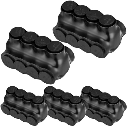 Copkim 5 Pack Multi Cable Connectors with 4 Wire Ports Insulated Multi Tap Connector Dual Sided Entry Splice Prefilled with Oxide Inhibitor(3/0-6 AWG Wire Range, Slotted 7/32 Allen Hex)