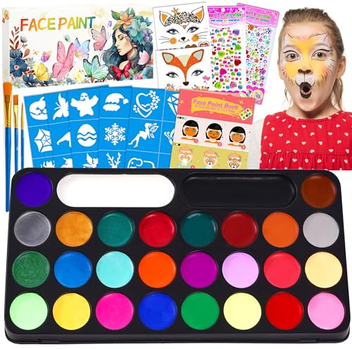 Lubibi 28Color Water Kids Face Paint Kit Non-Toxic Body Party Makeup Set | Non-Toxic Body Painting Kit Complete With Gems Stencils Brushes, Carnival Stage Diy Gift For Boys Girls Party Costume Events