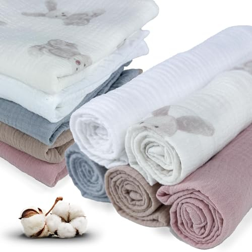 PLUMERI Musselintücher 70x70 cm Baby, 5er Set, Weiß, Kaninchen, Taubengrau, Nussbraun, Rosa – 100% Baumwoll-Musselin ca. 120 g/m², Oeko-TEX Zertifiziert, Spucktücher, Mulltücher, Geschenk zur Geburt