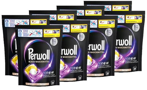 PERWOLL Caps Black Waschmittel 8x 19 WL (152 Wäschen), All-in-1 Waschmittel Caps reinigen sanft und erneuern Farben & Fasern, für alle dunklen Textilien, mit Dreifach-Renew-Technologie