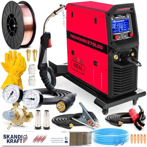 Ideal Tecno MIG 270 LCD - Soldador Inverter Profesional 270A 400V - Sinergia - MIG/MAG, MMA y TIG - Regulación de Inductividad - 2T/4T, Alimentador de Hilo de 4 Rodillos, Chasis Rodante - Set Basic