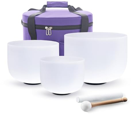 Hye-eun Juego de 3 cuencos de cristal para cantar, 432 Hz, 7 pulgadas A, 9 pulgadas F 11 pulgadas de profundidad, 3 cuencos de cuarzo esmerilado con funda de transporte para curación de sonido, yoga,