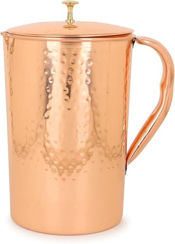 Pichet en cuivre pur pour les bienfaits ayurvédiques de 1,2 litre fabriqué à la main en cuivre martelé avec couvercle assorti | pour les avantages ayurvédiques