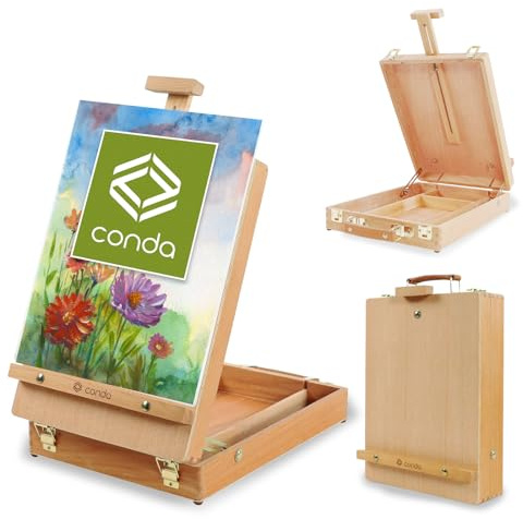 CONDA Wood Table Box Easel, Adjustable Portable Beechwood Tabletop Easel Stand for Painting, Drawing & Sketching, Folding Storage Table Easel with Drawer for Artists, Students & Beginners