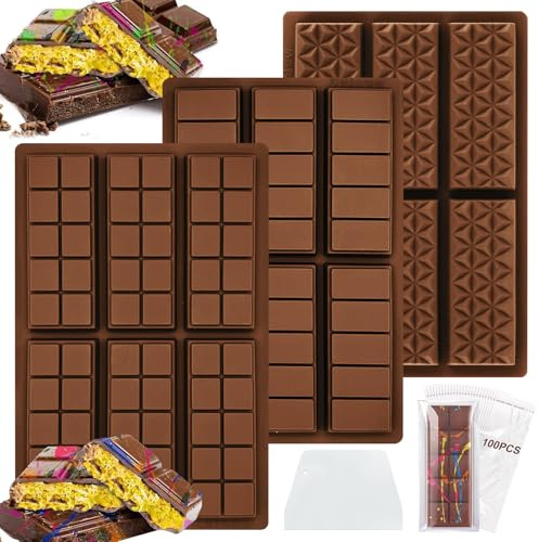 Haokelai Schokolade Form, 3 Stück Schokoladen Form Silikon, Schokoladen Form, mit 100 Beuteln und Einem Schaber Geliefert, Schokoladenform Silikon Tief für Schokolade Pudding Süßigkeiten(Rechteck)