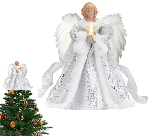 Puntale Per Albero Di Natale A Forma Di Angelo - Le Decorazioni Natalizie Illuminano L'angelo | Puntale Per Albero D'angelo Con Di Piume Bianche | Topper Con Ornamenti Per Albero Di Natale