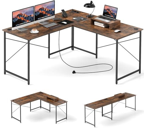 GIANTEX Escritorio de Ordenador en Forma de L, Escritorio de Esquina Convertible con 2 Enchufes, Puerto USB y Tipo C, Mesa de Oficina con Pasacables y Soporte para Monitor (Marrón)