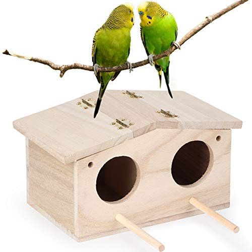 Caja de nido de pájaros de madera, cabaña de troncos doble perforada Caja de cría de loros Jaula Accesorios para casa de pájaros para loros Golondrinas