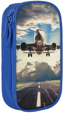 JKSEEPYN Airplane Printed Double-Layer Pencil Case, Blue Large Capacity Cute Pen Pencil Pouch for School, Office, Travel, or Makeup Organizer