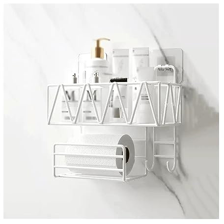 Bathroom Storage Shelves, Toilet Wall Storage Rack Washstand Double Layer Cosmetic Storage Rack with Tissue Holder and Hook Wall Mounted Metal Storage Rack Without Punching for Bathroom, Kitchen(White