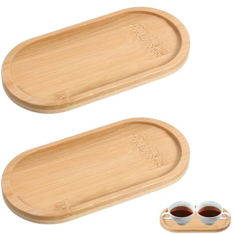 Nogeqi 2PCS Small Bamboo Tray, Oval Vanity Tray, Wooden Bathroom Counter Trays for Jewelry Cosmetics Small Items Organizing and Home Decor, 6.69 X 3.23 Inch