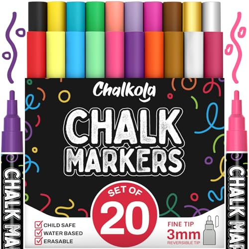 Chalkola 20 Kreidestifte für Tafel Abwaschbar – Kreidemarker für Fenster | 3mm dünn Spitze – Neon, Pastell, Metallic, Chalk Marker fur Spiegel, Bistro & Auto – Tafelstifte & Glasstift Abwaschbar