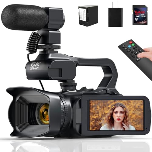 Camcorder 6K 64MP IR Night Vision Vlogging Camera for YouTube 18X Digital Zoom 4 Inch Touch Screen Digital Camera with WiFi, Microphone, Charger, Stabilizer, Remote Control and