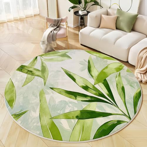 MIATCENRT Teppich Wohnzimmer Rund, 120cm Teppich Schlafzimmer Kurzflor, Weiß Grün Natur Kunst Waschbar rutschfest Teppiche Aquarell Grüne Blätter für Wohnzimmer Schlafzimmer Esszimmer