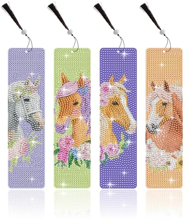 WOUYTPE 4 Stück Diamond Painting Lesezeichen Pferd, 5D Diamond Painting Bookmarks, Lesezeichen Diamond Painting, Geeignet Als Urlaubsgeschenk für Freunde, die Gerne Lesen