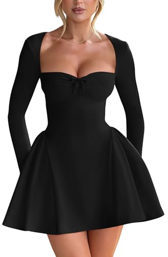 YMDUCH Women's Sexy Long Sleeve Sweetheart Neck A-line Ruffle Hem Party Club Mini Dress Black