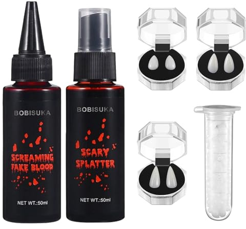 KOMEIYL 5pcs Set Maquillage Halloween Sang, Maquillage Halloween Zombie Vampire, Spray Faux Sang + Faux Sang Goutte Goutte + 3 Vampire Fausses Dents, S'applique D'Halloween Soirées Thème
