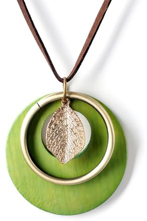Tiong Handmade Green Wooden Disc Necklace with Bronze Leaf Multilayer Circle Design Vintage Boho Brown Leather Cord Sweater Necklace for Women