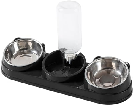 Ｚｉａｌｏｆｉ 3er Set Katzenfutterschale mit Neigungsfunktion Und Trinkflasche Aus PP Und Edelstahl Praktisch für Mehrere Haustiere, Schwarz