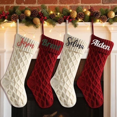Große Weihnachtsstrümpfe, personalisierbar, 45,7 cm, personalisierbar, bestickt, Name, Familie, 45,7 cm, großer gestrickter Kamin, hängende Weihnachtsstrümpfe für rustikale neutrale Bauernhaus-Kamine
