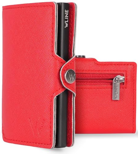 WLine Portafoglio Donna Piccolo con Portamonete Rfid Compatto ed Elegante - Porta Carte di Credito Donna e Uomo Schermato in Pelle PU - Portatessere Tascabile (Rosso e Nero Saffiano, Con Zip)