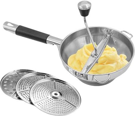 Lebensmittelstampfer Lebensmittelechter Edelstahl-Zerkleinerer | Kartoffelpresse 3 Mahlscheiben für Banane Backen Tomate Fruchtpüree Babynahrung Karotten Knoblauch Käse Säfte