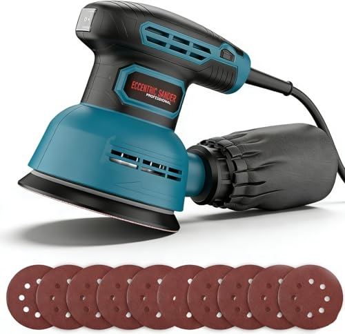 Exzenterschleifer 125mm, 300W 12000U/Min 6 Geschwindigkeiten Schleifmaschine Exenterschleifmaschine Schleifer Mit 10 Schleifpapier, Tellerschleifer Multischleifer Trockenbauschleifer Mit Absaugung