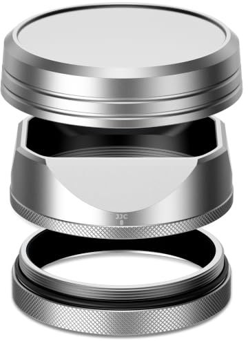 JJC Paraluce quadrato classico in metallo con anello adattatore da 49 mm + cappuccio per fotocamera Fujifilm X100VI Fuji X100V – supporto filtro 49 mm – argento
