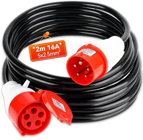 Warmfay CEE Verlängerungskabel 2m, 400V 16A Starkstromkabel Gummi, 5x2,5mm² Starkstromkabel CEE Verlängerung IP44 Außenbereich Baustelle Werkstatt Industrie