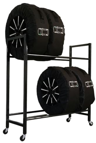 PROREGAL Reifenregal CARRERO auf Rollen HxBxT 115x111x40cm bis zu 8 Reifen auf 2 Ebenen Schwarz Reifenständer Reifenhalter mit Rädern Garagenregal Werkstattregal Kellerregal für Autoreifen Garage