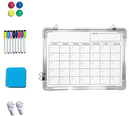 Whiteboard-Kalender mit Marker und Magneten, 40 x 30 cm, doppelseitige Schreibtafel, zum Aufhängen, für Kühlschrank, Memoboard, Büroplaner
