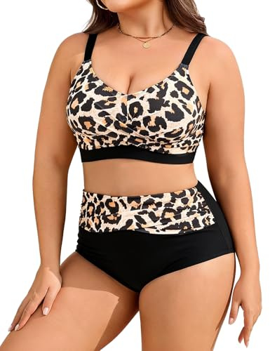 Tuopuda Plus Size Bikini Sets for Women UK Two Piece Bikini Top High Waisted Bikini Bottom Tummy Control Ruched Bathing Suits Swimming Costume 2 Piece Padded Beachwear, Leopard, 3XL