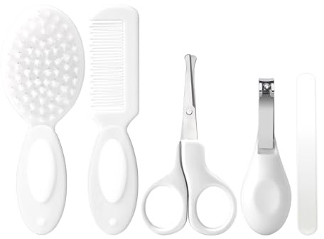 Baby grooming kit nyfödda, spädbarn säkerhetsvård set med hårborste kam nagelklippare, baby nödvändigheter för nyfödda, 5 st, skrift
