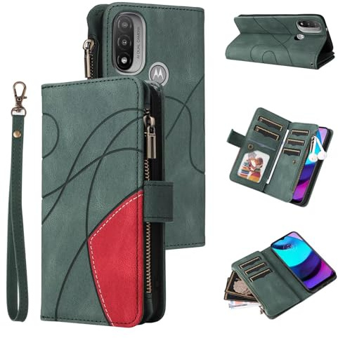 Funda para Motorola Moto E20/E30/E40, Estilo Retro, con Cremallera, Piel sintética, Suave, Cierre magnético, 9 Tarjetero, función Atril, Cartera con Correa, Verde
