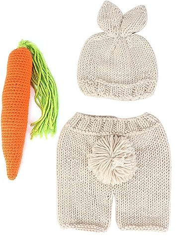 FTVOGUE Newborn Photography Props, Baby Rabbits Hat with Radish Doll and Knit Pants, Soft Wool Outfits for Infant Photo Shoot