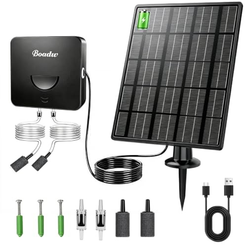 Boadw Bomba de oxígeno Solar 3W 2200mAh – Aireador Estanque con 2 Piedras difusoras, anticongelante – Válido en días nublados, para jardín y Pesca