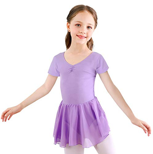 Bezioner Kinder Ballettkleidung Mädchen Ballettkleid Kurzarm Balletttrikot Ballettanzug Tanzkleid Tanzbody aus Baumwolle mit Chiffon Rock Tütü
