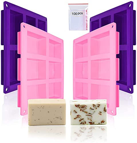 Rectangle Silicone Soap Moulds, Silicone Candle Soap Making, 6-Cavity Chocolate Loaf Baking Tray, DIY for Craft Jelly Candy Ice Candles (Pink+Purple)