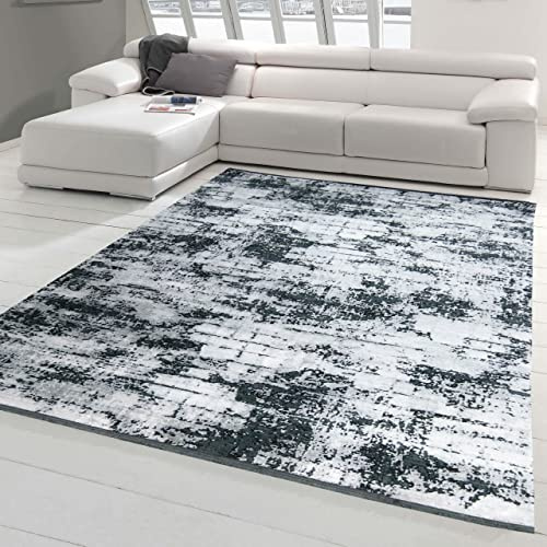 Moderner Teppich Wohnzimmer in Abstraktem Orientalischen Design in Grau auf schwarzem Hintergrund Größe 120x170 cm