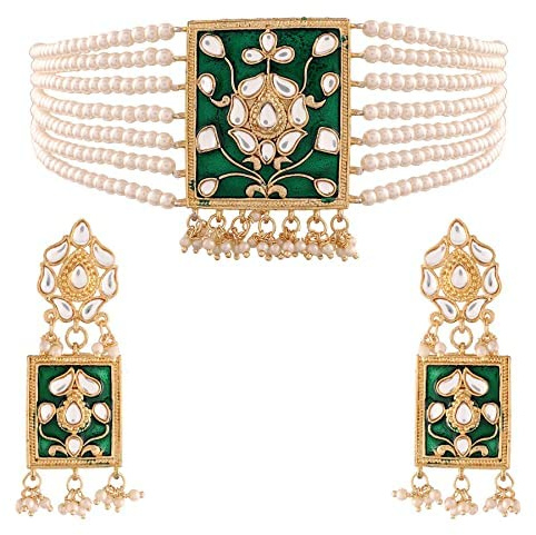 Aheli Indian Traditional Enamel Faux Pearl Strand Necklace Earrings Bollywood Style Jewelry Set Gift for Women Green, Faux Pearl