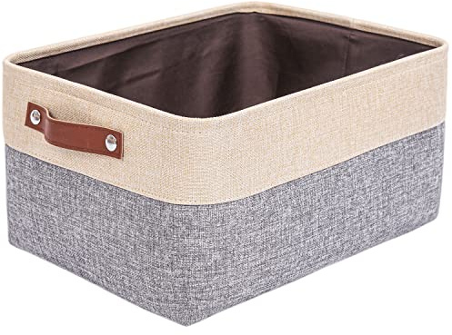 Mangata Faltbare Aufbewahrungskörbe mit Ledergriff,Verdicktes Canvas-Stoff Aufbewahrungsbox für Spielzeug, Kleidung, Zuhause, Wäsche (Grau/Beige, Large)