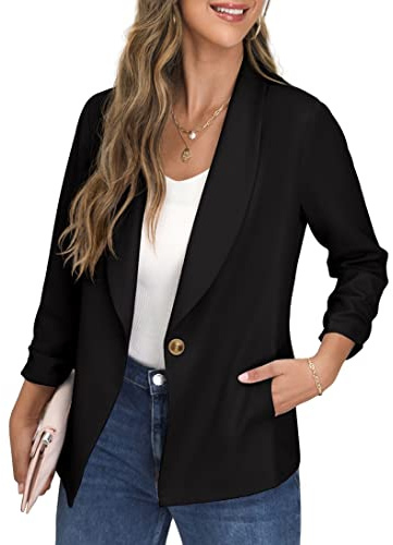 GRECERELLE Womens Blazer Suit Open Front Cardigan Ruched Sleeve Work Office Blazer Jacket with Buttons Pockets (Black, 6)