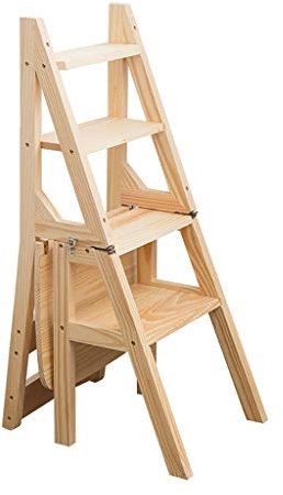CHEMYO Tritthocker Klappleiter Hocker Multifunktionale Küche Büro Kreative Verwandlung Treppenstuhl mit doppeltem Verwendungszweck, 4-stufiger Massivholz-Leiterstuhl, Indoor-Trittleiter, tragbare S