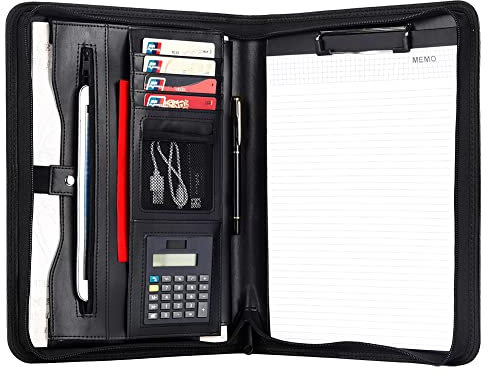 Leathario A4 Konferenzmappe, Schreibmappe A4 mit Reißverschluss, Portfolio Dokumentenmappe Mappe Schreibblock Schwarz