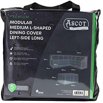 Ascot Premium Modular Medium L Shaped Dining Cover (left side long) - 260/184 X 210/134 X 76 (D) X 60/82 (H) Table: 155 X 95 X 68 H Deep Black