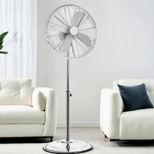 Meown 16 Chrome Pedestal Fan – Quiet Standing Floor Fan with Adjustable Height to 140cm, 3-Speed Oscillating Cooling, Tilting Head, UK 3-Pin Plug – Ideal for Bedroom, Home, Office Use