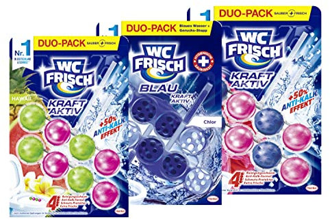 WC FRISCH Kraft Aktiv Duftspüler Hawaii (2 * 50 g), für langanhaltend frischen Duft & WC FRISCH Kraft Aktiv Duftspüler Blüten-Frische (2 * 50 g) & WC FRISCH Kraft Aktiv Blauspüler Chlor (2 * 50 g)
