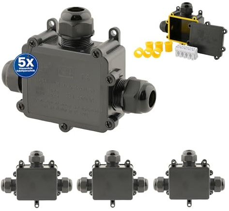 Intratec 5x Abzweigdose wasserdicht 3 Öffnungen T 4-14mm Kabel – IP68 Verteilerdose außen wasserdicht für einfache Installation im Garten & Erdkabel – 35 x 237 x 96mm
